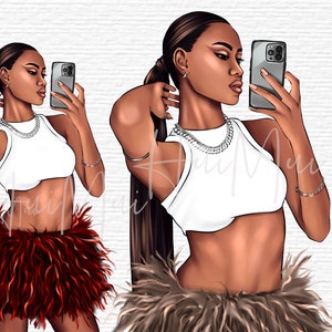 Brown Skin Fashion illustration clipart, Boho skirt, Black woman png, Black girl png, Black woman clipart