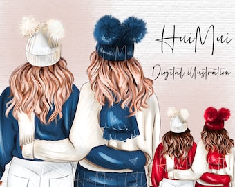 Christmas Girls Fashion Illustration Best Friends Sisters Gift DIY Clipart, Card making,  Free Small Commercial Use