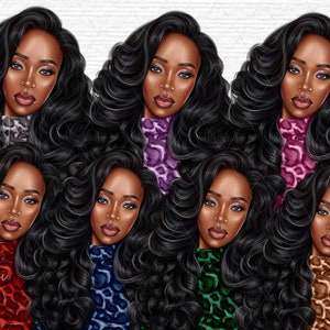 May include: Digital illustration of eight women with long, curly black hair wearing leopard print tops in different colors, including purple, red, blue, green, and brown.