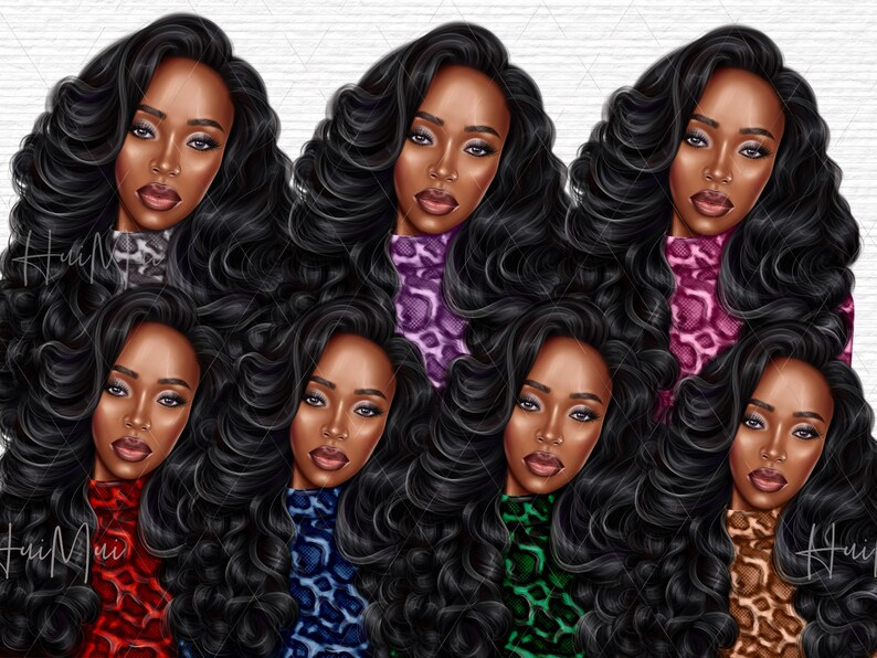 May include: Digital illustration of eight women with long, curly black hair wearing leopard print tops in different colors, including purple, red, blue, green, and brown.