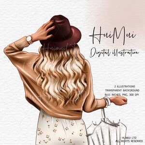 May include: Digital illustration of a woman with long blonde hair wearing a brown sweater, a white floral skirt, and a brown hat. She is holding a white umbrella.