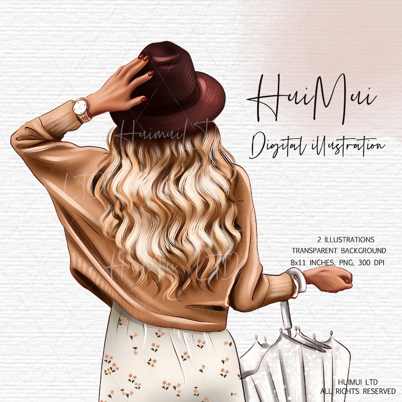 May include: Digital illustration of a woman with long blonde hair wearing a brown sweater, a white floral skirt, and a brown hat. She is holding a white umbrella.