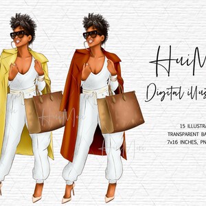 May include: Two digital illustrations of a woman wearing a white outfit, a yellow coat and a brown coat, holding a brown handbag. The text "HuiMui Digital illustration" is in the background.