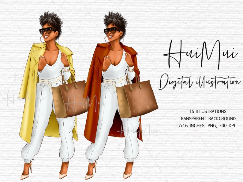 May include: Two digital illustrations of a woman wearing a white outfit, a yellow coat and a brown coat, holding a brown handbag. The text "HuiMui Digital illustration" is in the background.