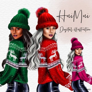 Christmas clipart, Holiday Clipart, Winter Watercolor digital illustration, Black woman Art, Brunette girl with red green pink top PNG