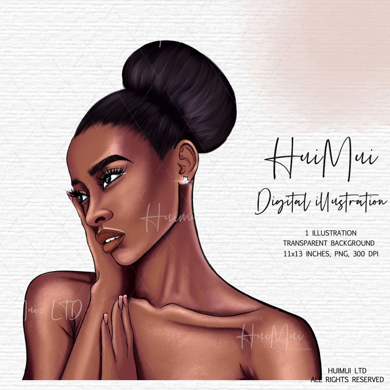 May include: Digital illustration of a woman with dark brown skin, wearing a bun and a small earring. She is looking to the side and has her hands near her face. The background is a light pink with a white textured overlay.