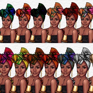 May include: Twenty digital illustrations of Black women with different patterned head wraps. Each woman is wearing a black top and gold jewelry. The women are looking at the viewer with a neutral expression.