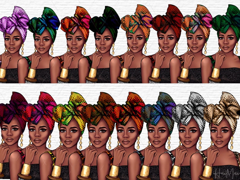May include: Twenty digital illustrations of Black women with different patterned head wraps. Each woman is wearing a black top and gold jewelry. The women are looking at the viewer with a neutral expression.