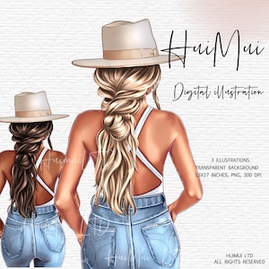 Fashion girl clipart, hair braid clipart, Fashion illustration, Summer Sea Vacation Tropical, Denim women clipart, Digital planners supplies