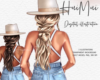 Fashion girl clipart, hair braid clipart, Fashion illustration, Summer Sea Vacation Tropical, Denim women clipart, Digital planners supplies