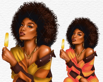 African American woman with ice cream, Summer clipart, Fashion woman with natural curly hair, Hand-painted PNG files for Printable Stickers