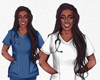 Enfermera Clipart Doctor Clipart Chica Afroamericana Clipart Scrub Ilustración Graduación Estudiante de medicina PNG uso comercial Enfermera negra PNG