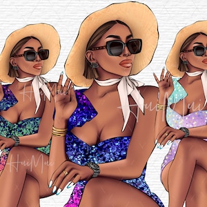 Fashionable Afro-American Woman Clipart Chic Black Girl with Hat Sunglasses Clipart Summer Vibes Planner Graphics Digital Download PNG file