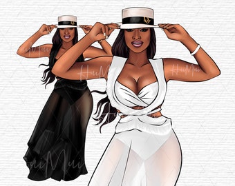 Elegant Black White Swimwear Dress Clipart Beautiful Afro-American Woman Clip Art Designer Beachwear Fashion Illustration Instant Download