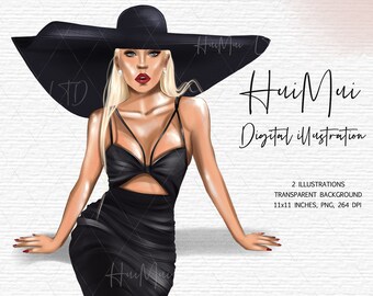 Moda mulher com vestidinho preto clipart Girl Boss Fashion Illustrations Planner Girl Clipart PNG Blond Girl Boss Fashion Graphics