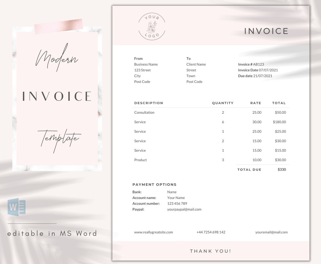 Invoice Template Word / Pastel Pink Billing Form / Editable / Etsy