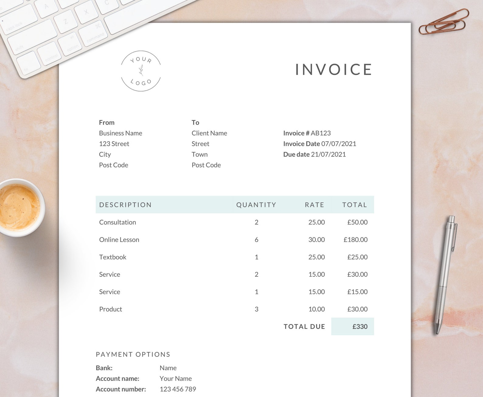 Invoice Template Word / Blue Billing Form / Editable / Instant Download ...