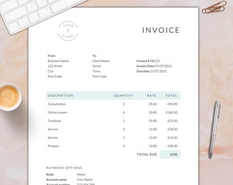 Rechnungsvorlage Word / Blaues Rechnungsformular / Bearbeitbar / Sofort Download