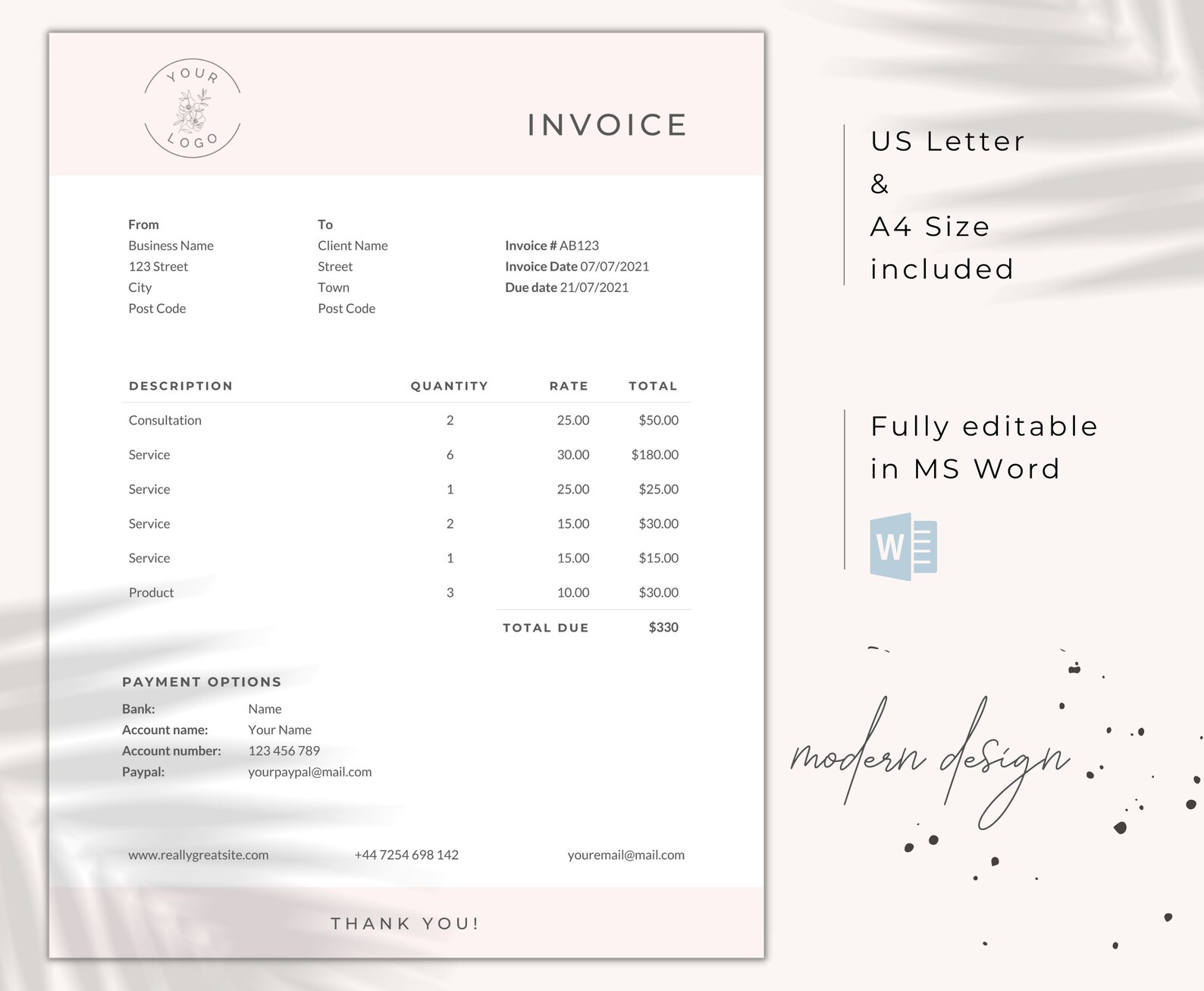 Invoice Template Word / Pastel Pink Billing Form / Editable / Etsy UK