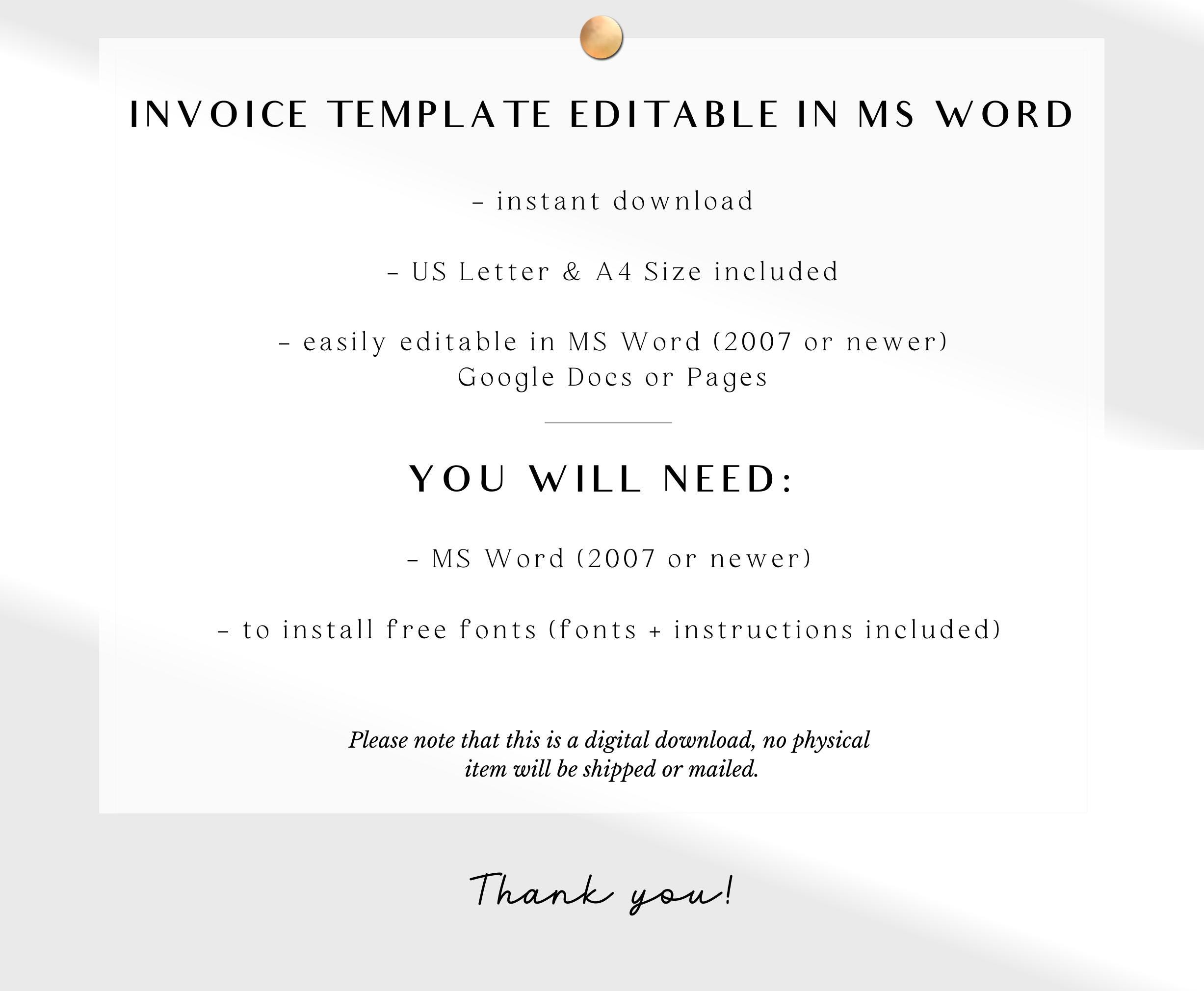 Editable Invoice Template | Microsoft Word | Printable & Customizable ...