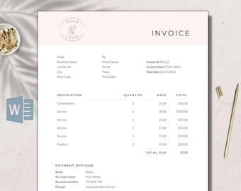 Rechnungsvorlage Word / Rechnungsstellung in Blush Pink / Bearbeitbar / Sofort Download