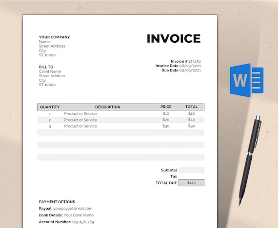 Invoice Template Word / Basic Billing Form / Editable / Instant.