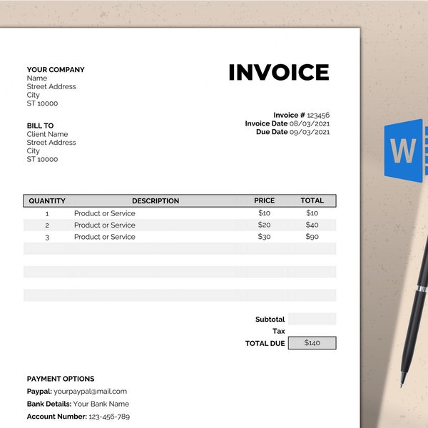 Invoice Template Word / Basic Billing Form / Editable / Instant Download