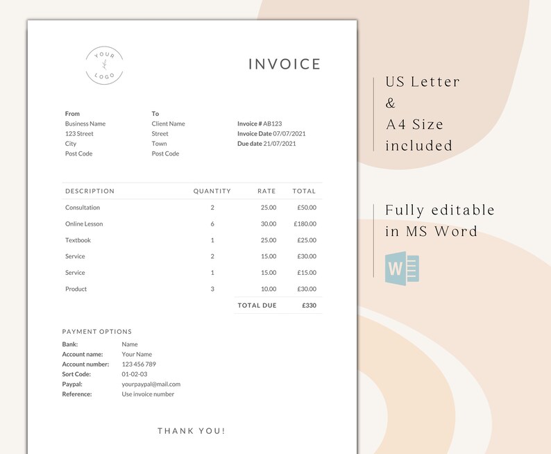 Invoice Template Word / Simple Billing Form / Editable / Instant ...