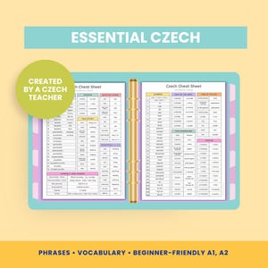 Può includere: Un promemoria della lingua ceca in un raccoglitore. Il raccoglitore turchese ha anelli dorati e contiene due pagine con vocabolario, frasi e numeri cechi. Il testo "ESSENTIAL CZECH" è in alto.