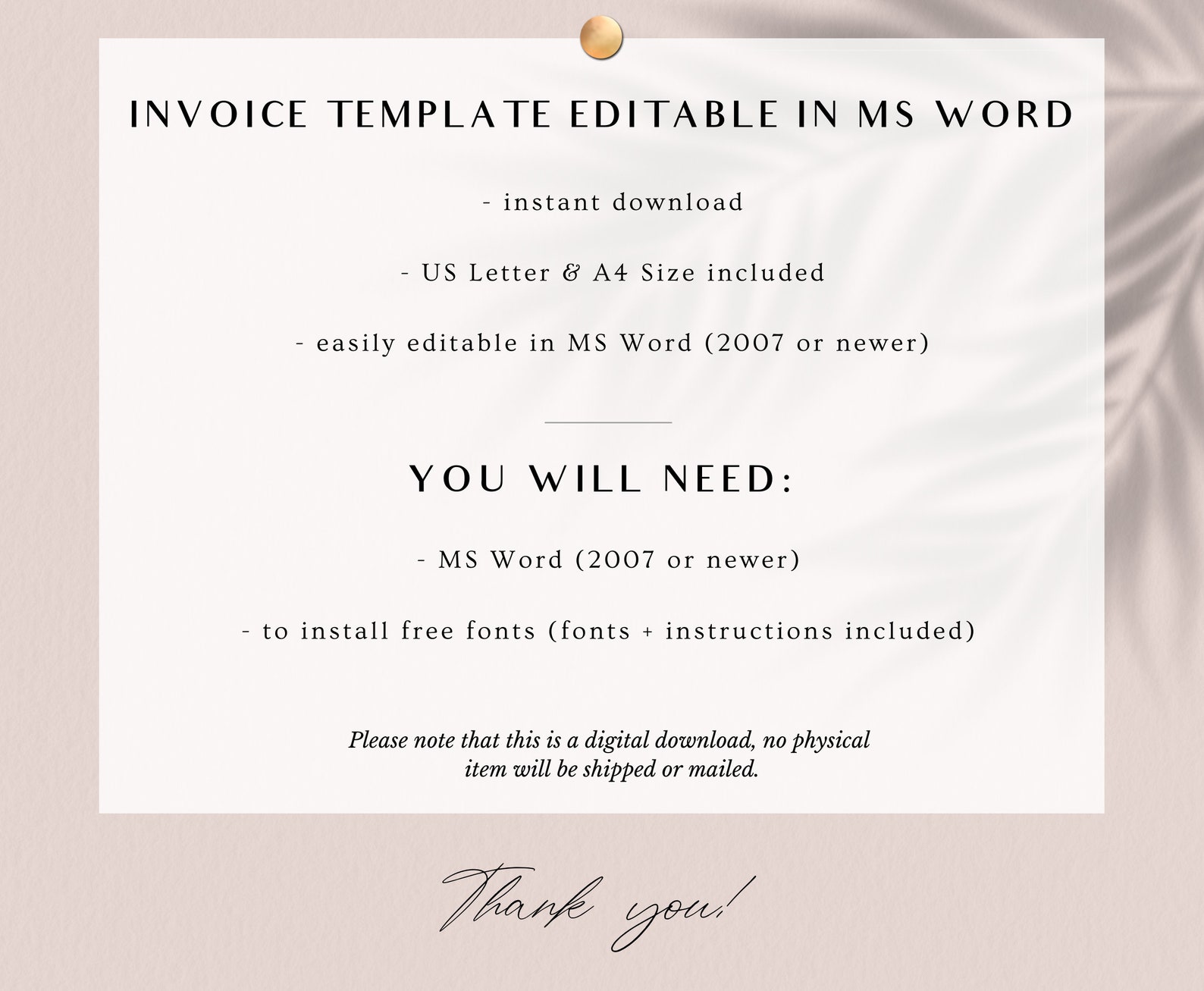 Invoice Template Word / Pink Billing Form / Editable / Instant Download ...
