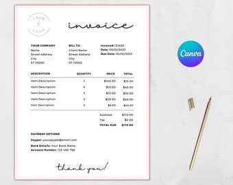 Rechnungsvorlage CANVA / Rosa Rechnungsbetrag / Bearbeitbar / Sofort Download