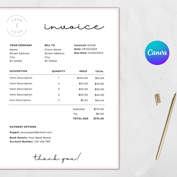 Factuursjabloon CANVA / roze factureringsformulier / bewerkbaar / direct downloaden