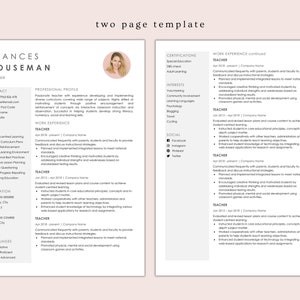 CV & Cover Letter Template | Word Teacher Resume | 2 Pages