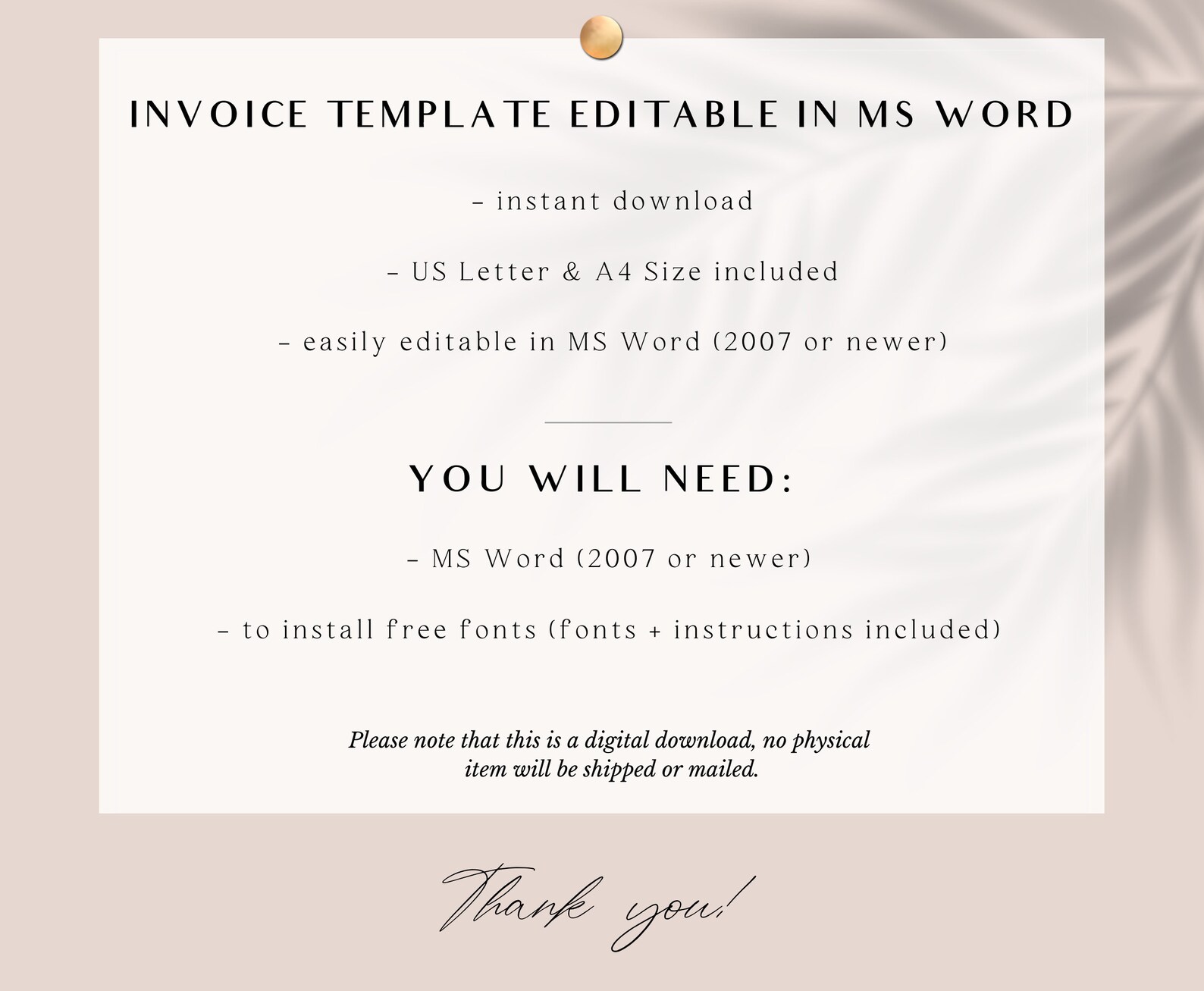 Invoice Template Word / Minimal Billing Form / Editable / Instant ...