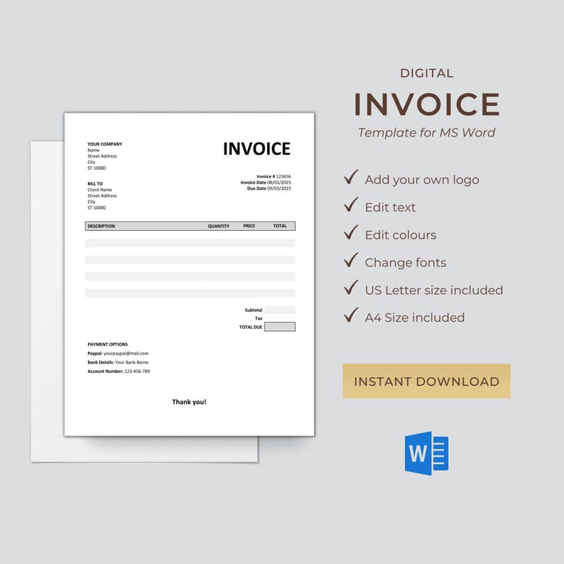 Basic Invoice Template for MS Word | Editable Billing Form | Printable ...