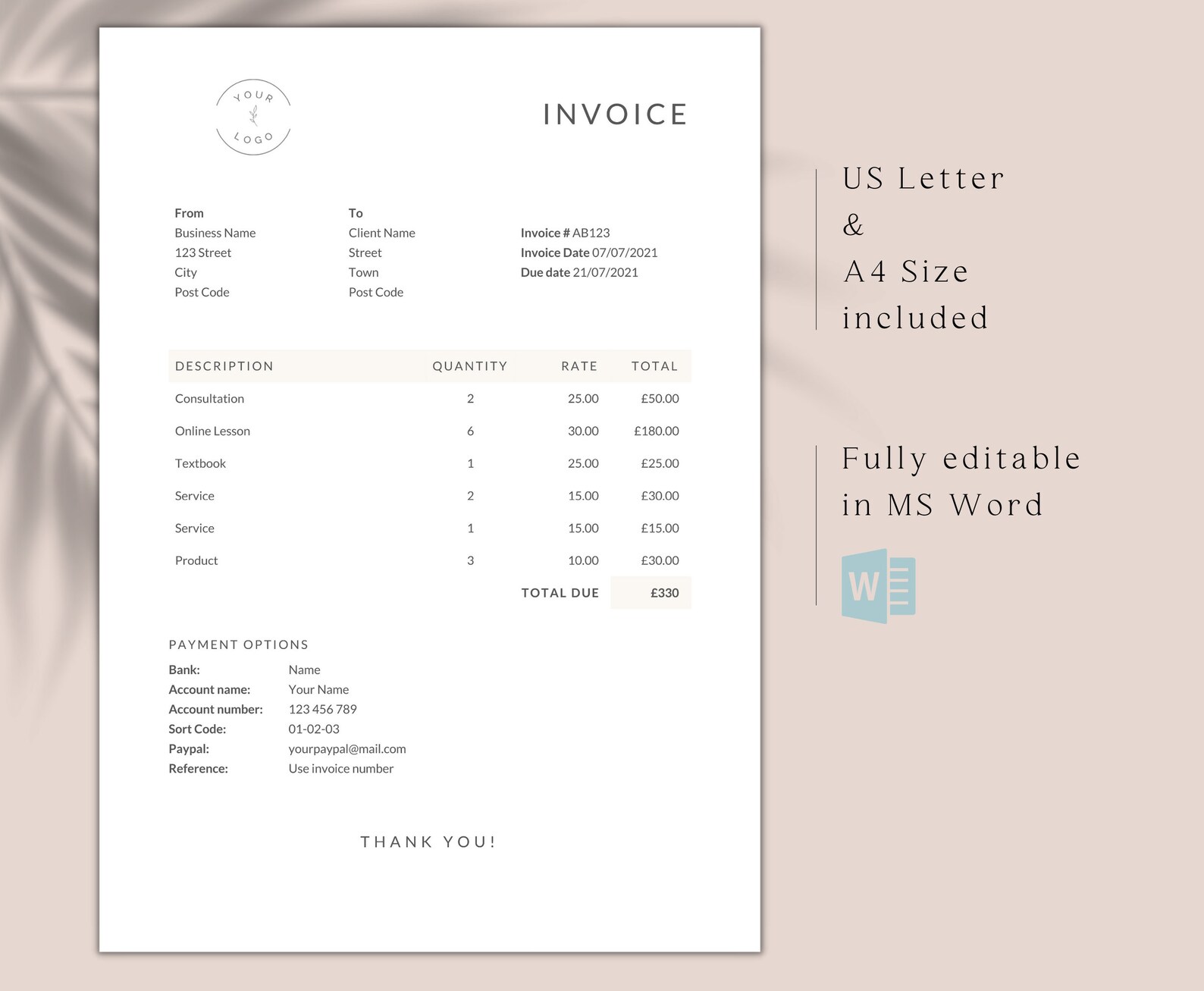 Invoice Template Word / Minimal Billing Form / Editable / Instant ...