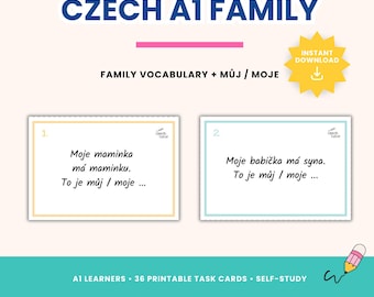 Czech A1 Family Vocabulary Task Cards | Můj / Moje Possessives (Printable PDF)