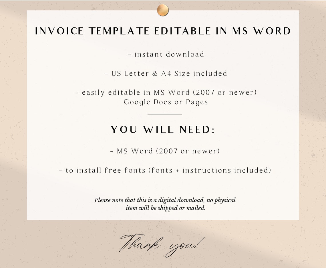 Invoice Template Word / Basic Billing Form / Editable / Instant ...