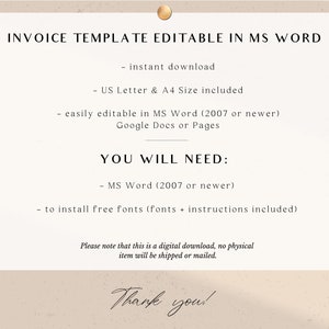 Plantilla de factura Word / Formulario de facturación básico / Editable / Descarga instantánea imagen 5