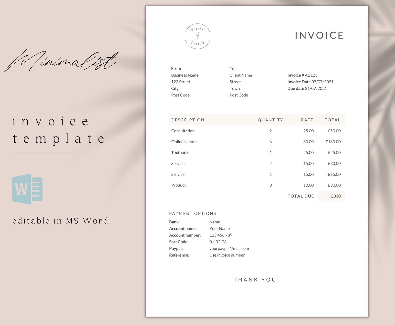 Invoice Template Word / Minimal Billing Form / Editable / Instant ...