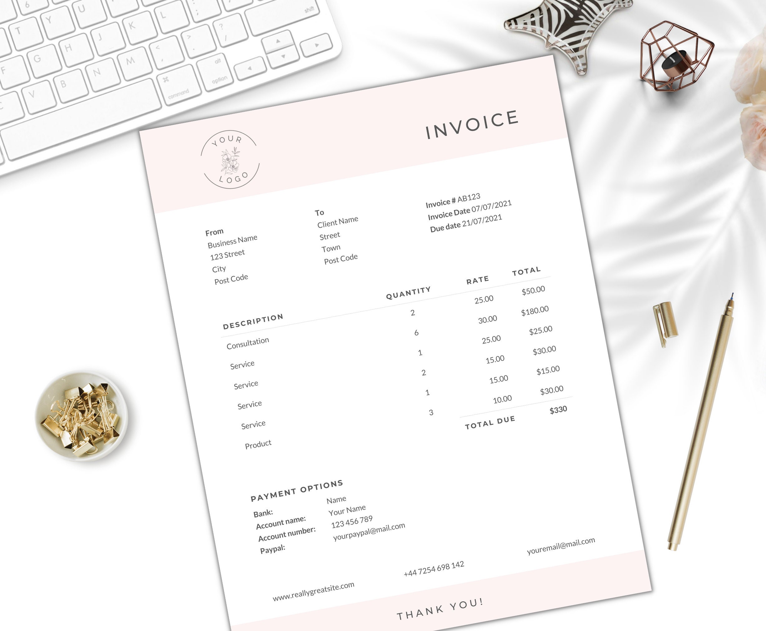Invoice Template Word Blush Pink Billing Form Editable Etsy