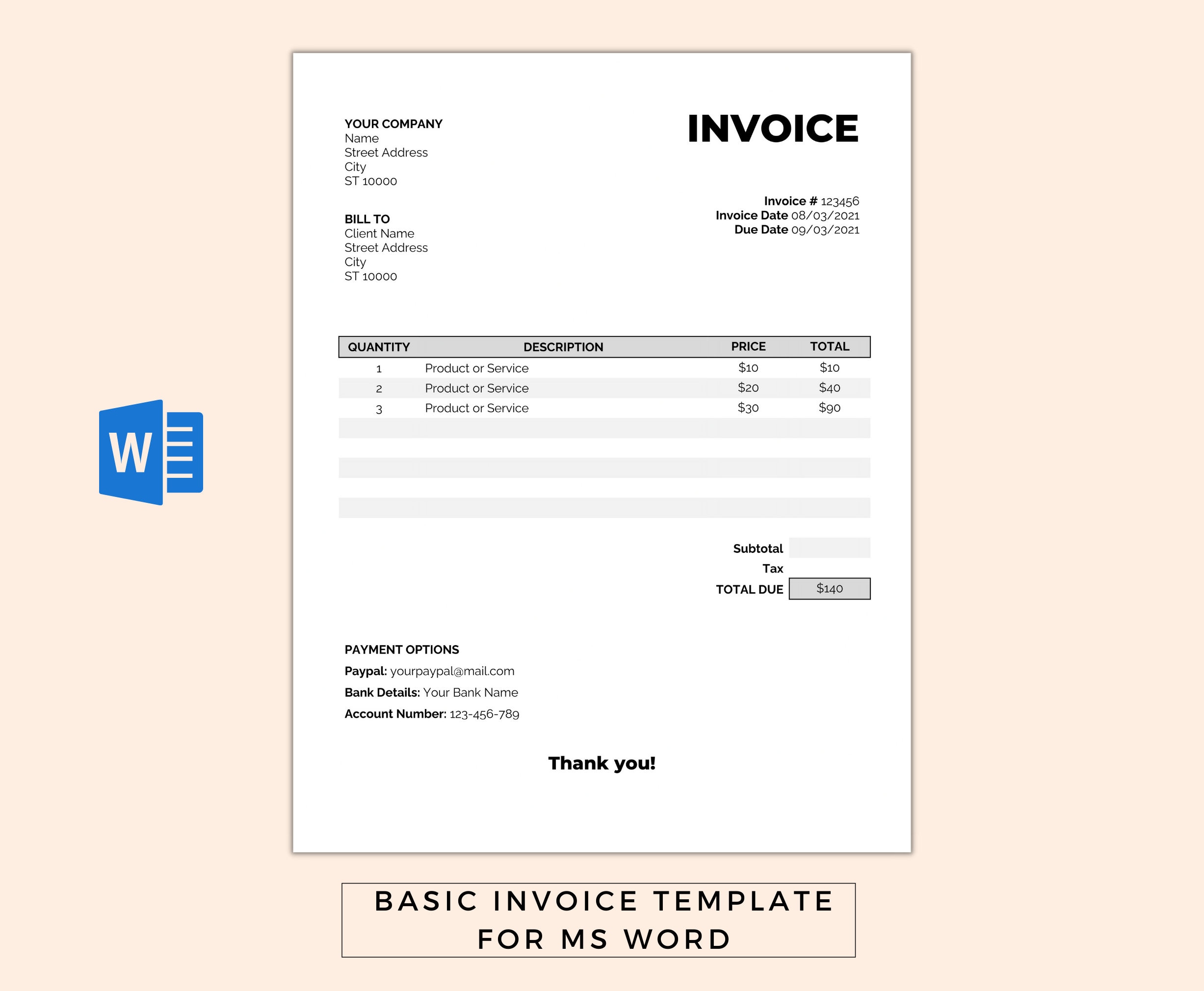 Invoice Template Word / Basic Billing Form / Editable / - Etsy Australia