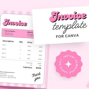 Rosa Rechnungsvorlage | Süßer Retro Coquette Style | Bearbeitbar in Canva | Rechnung für kleine Unternehmen | Sofort Download