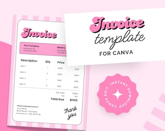 Retro Coquette Pink Rechnungsvorlage | Bearbeitbare Canva, Small Business (Instant Download)