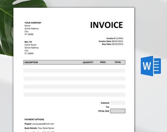Invoice Template Word / Modern Billing Form / Editable / Instant Download