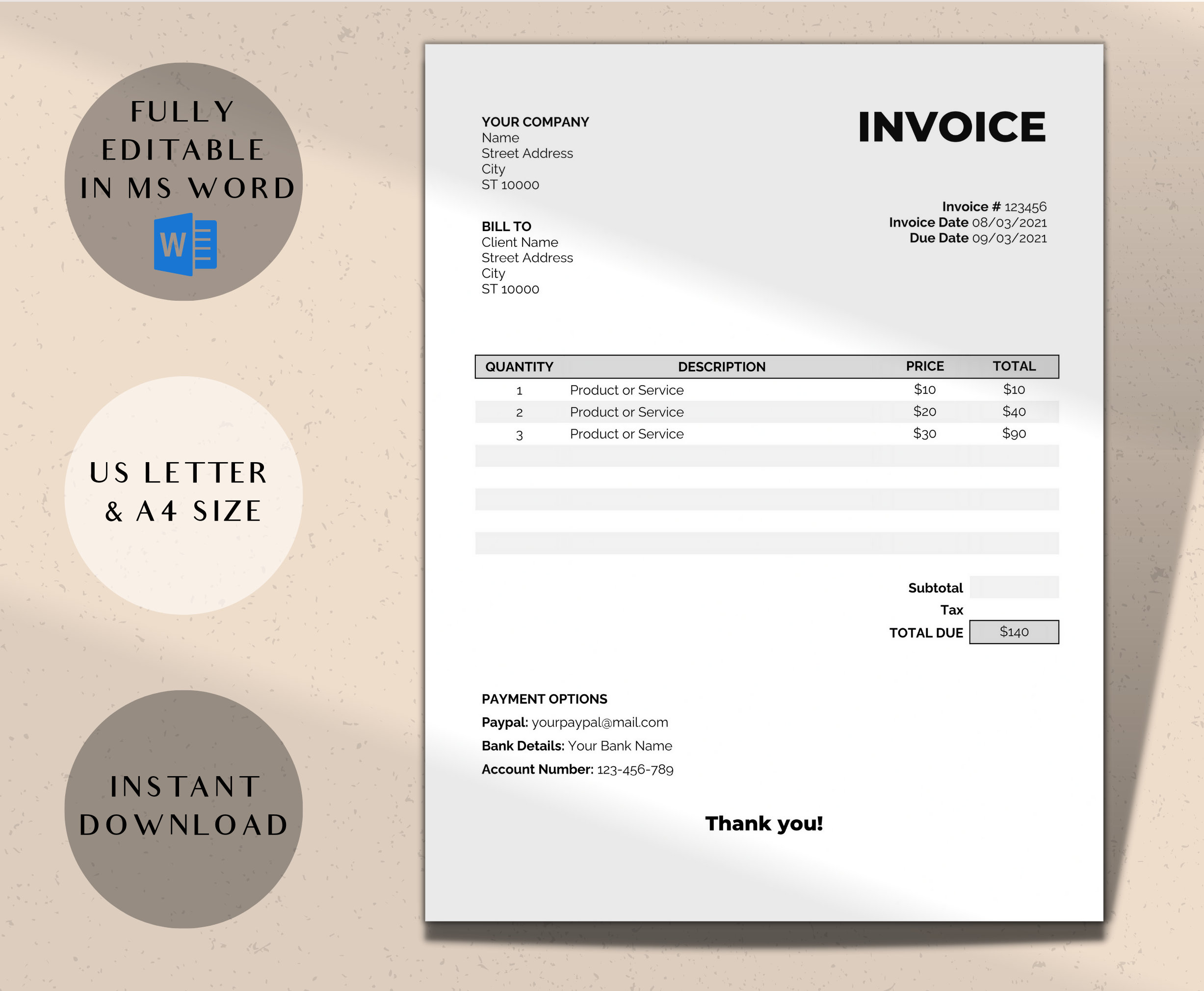 Invoice Template Word / Basic Billing Form / Editable / Instant ...