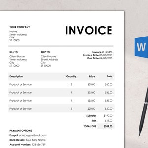 Könnte beinhalten: Eine schwarz-weiße Rechnung mit dem Titel "INVOICE" in fetter, schwarzer Schrift. Die Rechnungsnummer lautet 123456, das Rechnungsdatum ist der 08.03.2023 und das Fälligkeitsdatum ist der 09.03.2023. Die Rechnung listet eine Beschreibung von Produkten oder Dienstleistungen, Menge, Preis und Gesamtbetrag auf. Die Zwischensumme beträgt 190,00 €, die Mehrwertsteuer beträgt 19,00 € und der Gesamtbetrag beträgt 209,00 €.