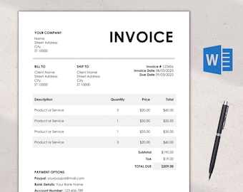 Bearbeitbare Rechnungsvorlage | Microsoft Word | Druckbar und anpassbar | Einfache Business-Abrechnung | Freelancer Rechnung | Sofort Download
