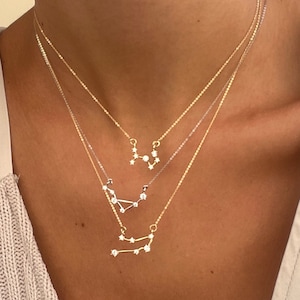 14K Solid Gold Naszyjnik z konstelacją zodiaku, Zawieszka znaku zodiaku, Choker z horoskopem, Znak zodiaku, Spersonalizowany Zawieszka zodiaku, Prezent na Dzień Matki