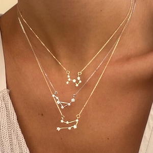 14K Solid Gold Zodiac Constellation Necklace, Birth Sign Charm, Horoscope Choker, Zodiac Sign Gift, Personalized Zodiac Charm